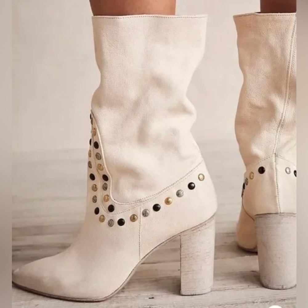 NWOT Free People Dakota Studded Heel Slouch Boots Cream Leather 39.5 Boho Glam